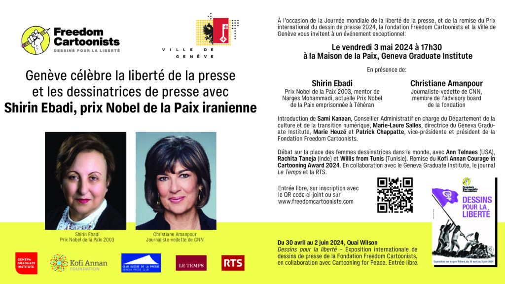 “Genève célèbre la liberté de la presse et les dessinatrices de presse avec Shirin Ebadi, Prix Nobel de la Paix iranienne”